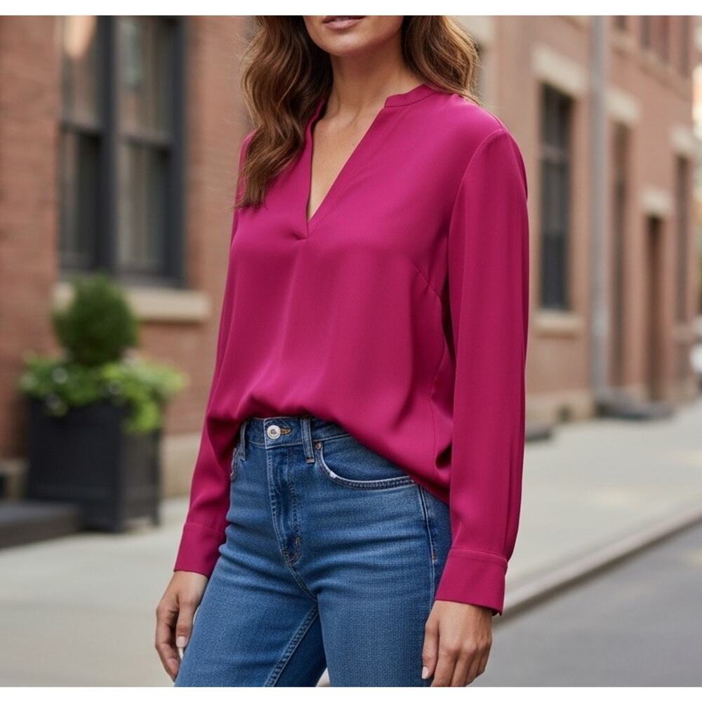 Max Mara Silk Fuchsia Pink Long Sleeve V Neck Oversized Couture Blouse US Sz 16